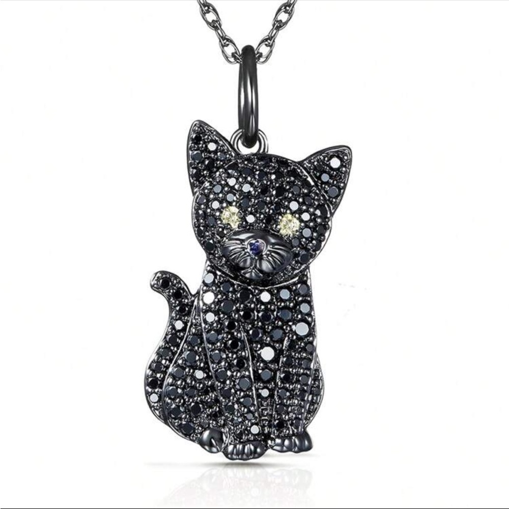 Black Cat Necklace, Black Cat Rhinestone Necklace, Halloween Necklace